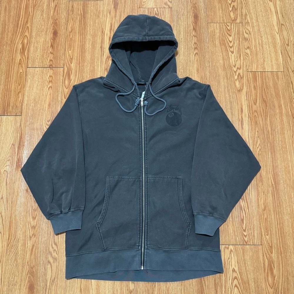 Stussy Men's Hoodie XL 8 Ball Full Zip Skate Y2K 2000s Gray Dyed Long